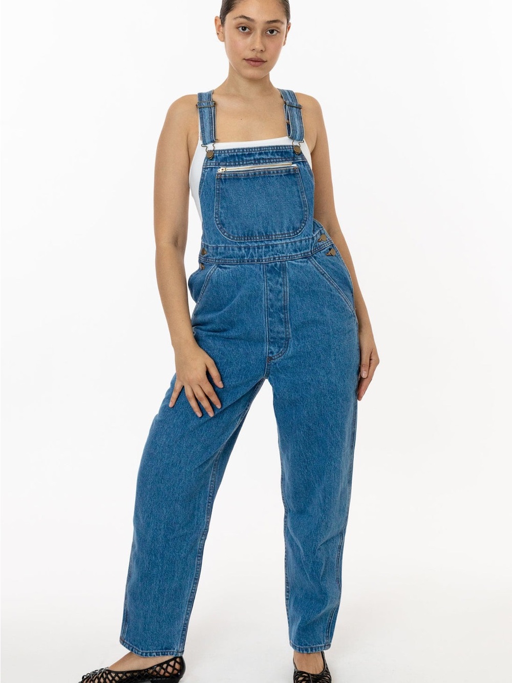 Los Angeles Apparel Unisex 14 oz Denim Overalls Medium Wash EUC Zip Bib Size M
